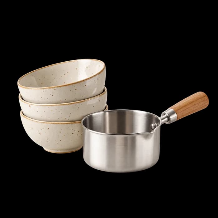 Illustrative bowls and cooking pan